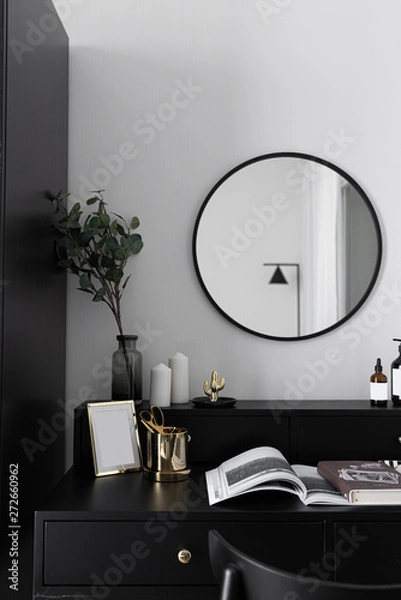 Fototapeta Black and white luxury feel dressing table corner in modern scandinavian style with gold circular lamp decorated / interior design concept / scandinavian interior