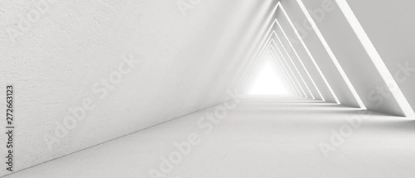 Fototapeta Empty Long Light Corridor. Modern white background. Futuristic Sci-Fi Triangle Tunnel. 3D Rendering