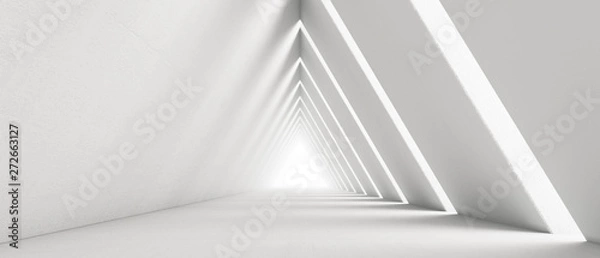 Obraz Pusty korytarz o długim świetle. Nowoczesne białe tło. Futurystyczny tunel trójkąta science fiction. Renderowanie 3D