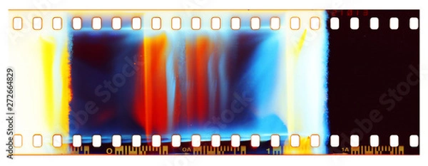 Fototapeta Film strip template, empty color 135 type (35mm) film with scratches, cracks, dust and light leaks isolated on white background with work path.