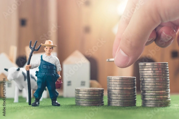 Fototapeta Miniature Farmer and cow figure model, Hand putting money coin stack on Simulation grass, Wooden house in the background, agriculture and financial concept