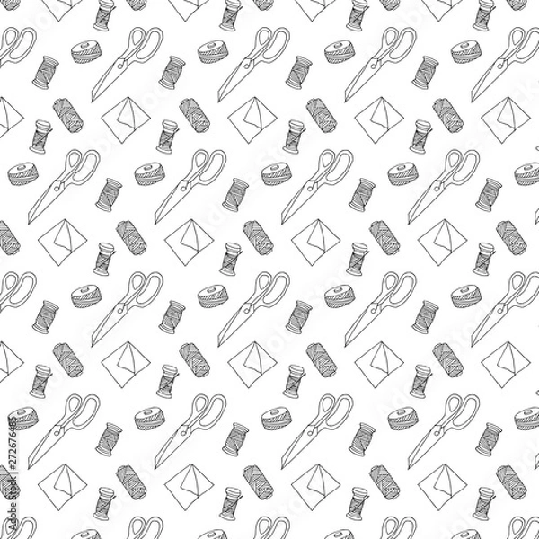 Fototapeta Hand drawn sewing vector pattern. Handicraft seamless background.