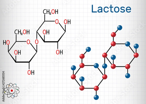 Fototapeta Laktoza, cząsteczka cukru mlecznego, to disacharyd. Strukturalny wzór chemiczny i model cząsteczki. Arkusz papieru w klatce