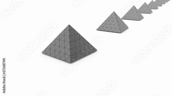 Fototapeta 3D rendering of Golden pyramids and silver pyramid on white background and lots of shards. The idea of wealth and stability, the strength of the financial system. 3D illustration.