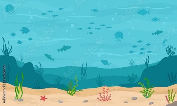 Obraz Podwodne tło morza. Dno morskie z podwodnymi roślinami, koralowcami i rybami. Panoramiczny pejzaż morski. Ilustracja wektorowa.
