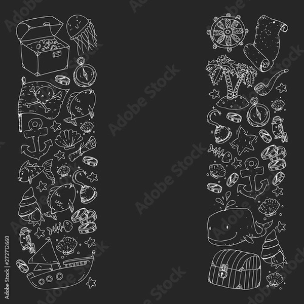 Fototapeta Ocean and sea for children. Pattern for boys. Pirate party. Cute fishes, animals, treasures. Kids vacation pattern, beach toys and elements.