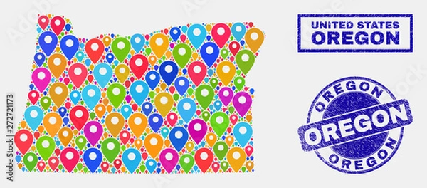 Fototapeta Vector bright mosaic Oregon State map and grunge stamps. Abstract Oregon State map is composed from scattered bright site pins. Stamps are blue, with rectangle and rounded shapes.