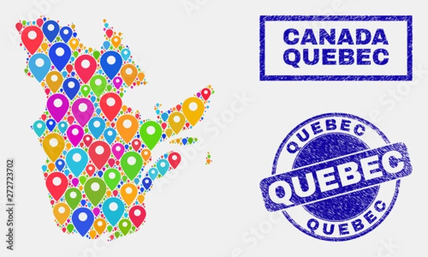 Fototapeta Vector bright mosaic Quebec Province map and grunge seals. Abstract Quebec Province map is composed from scattered bright site pins. Seals are blue, with rectangle and rounded shapes.