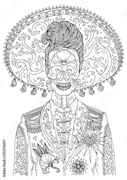 Obraz Vector hand drawn man with sugar skull calavera makeup with patterned sombrero on his head. Mexican holiday Day of the Dead. Halloween. Graphic design, print on t-shirt Coloring page for adults A4 