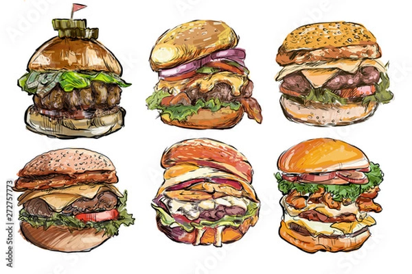 Obraz Set of hamburger isolated sketch hand drawn on white background