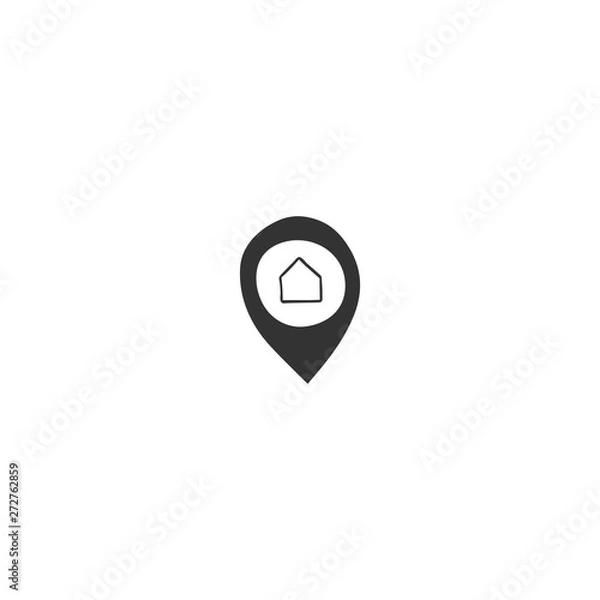 Fototapeta A map pointer silhouette with a house, vector hand drawn icon. Property rental theme.