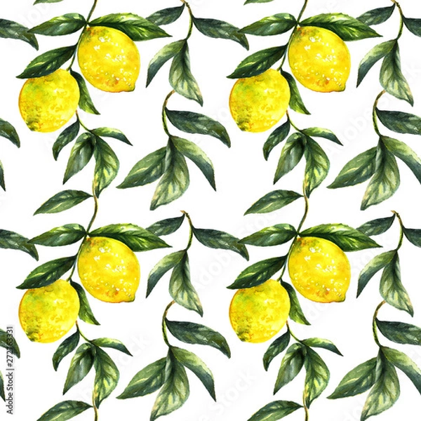 Fototapeta Hand painted lemon fruit on branch with leaves isolated.