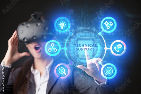 Fototapeta The concept of business, technology, the Internet and the network. A young entrepreneur working on a virtual screen of the future and sees the inscription: Technical support