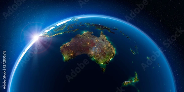 Fototapeta Ziemia nocą i światło miast. Australia i Nowa Zelandia.