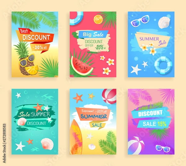 Fototapeta Big summer sale, best discount shaped ribbon, vector banner. Inflatable ring, sun glasses, shell and star, flower and fruit, palm leaves, beach ball