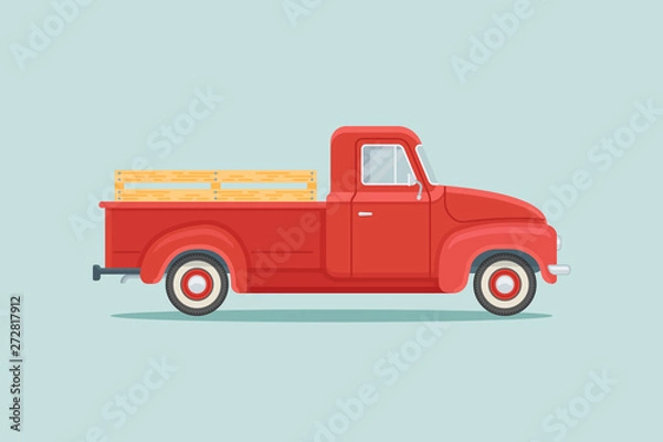 Obraz Red retro pickup truck isolated on teal background. Flat style vector illustration.