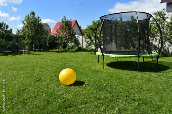 Obraz Trampoline on the lawn with a yellow ball..