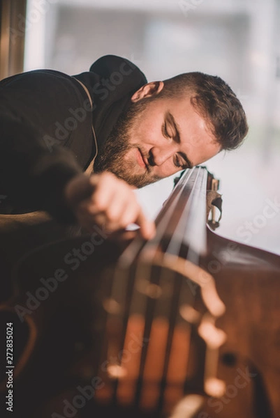 Obraz Young luthier working in his workshop, building a double bass