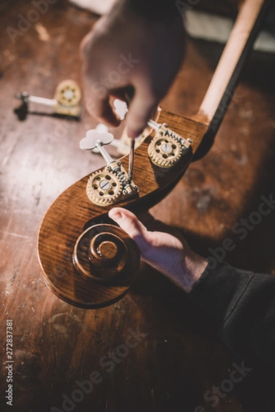 Obraz hands of artisan luthier varnishing, building a double bass