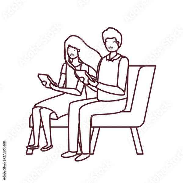 Fototapeta silhouette of couple with sitting in chair on white background