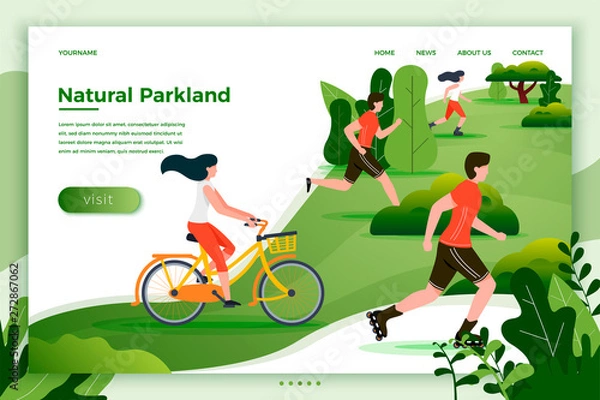 Fototapeta Vector illustration - bicycle riding, running, rolling people in park and trees on background. Banner, site, poster template with place for your text.