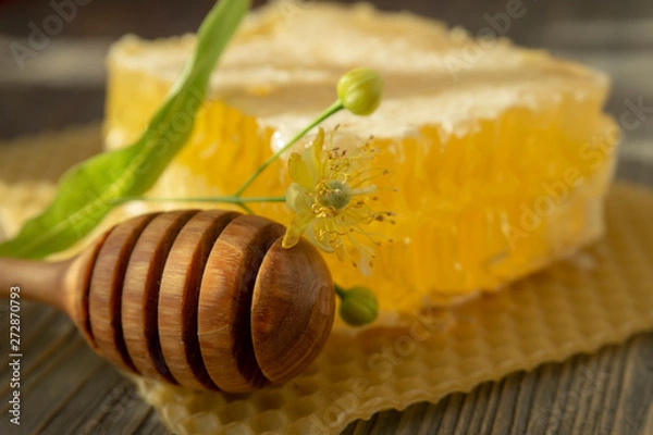 Fototapeta Block of comb honey with linden flower and utensil