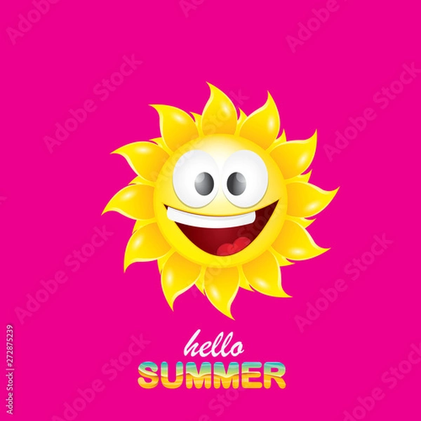 Fototapeta vector hello summer creative label with smiling shiny sun isolated on pink background. summer party background with funky sun character design template. vector summer icon
