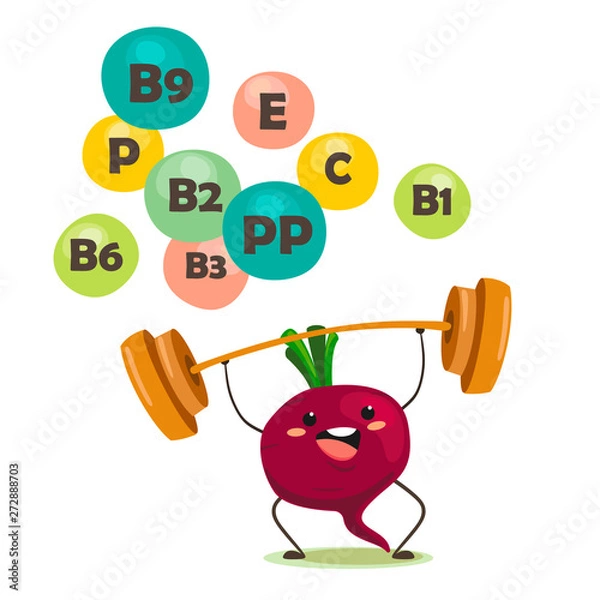 Obraz Funny beets raises the bar. Vector isolate in cartoon style with elements of vitamins.