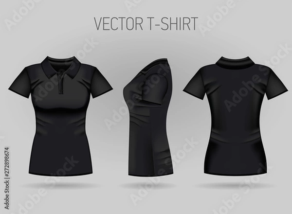 Fototapeta Blank women's black short sleeve polo shirt in front, back and side views. Vector illustration. Isolated on white background. Realistic female t-shirts
