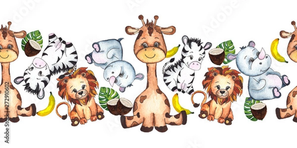 Fototapeta Hand-drawn watercolor children’s animals seamless borders with cute lion, giraffe, elephant, Rhino, monkey, Zebra, crocodile, iguana, wombat, Panda, Koala 
