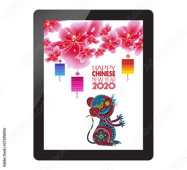 Fototapeta Chinese new year with sakura blossom on tablet. Year of the rat