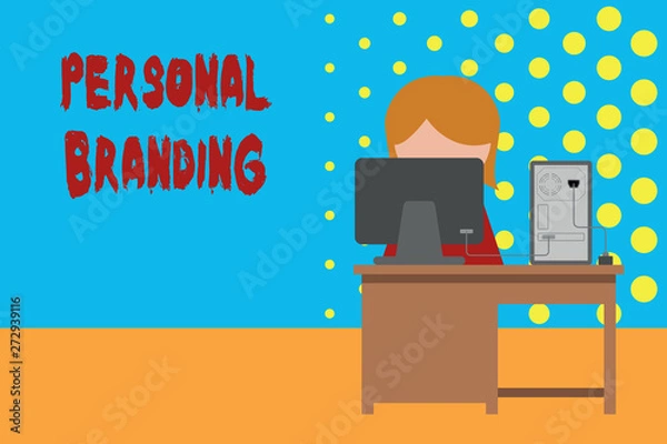 Fototapeta Conceptual hand writing showing Personal Branding. Concept meaning Practice of People Marketing themselves Image as Brands Young female working in office computer office monitor photo