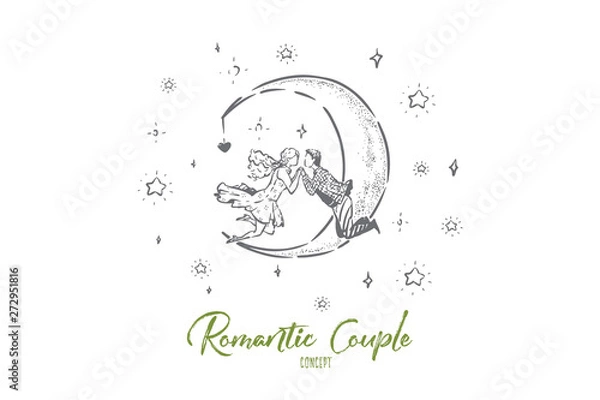 Obraz Cute couple floating in sky, half moon and stars in skyscape, man and woman holding hands, falling in love together