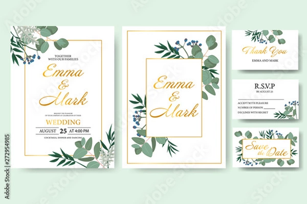 Obraz Wedding floral invitation card save the date design with green leaf herbs eucalyptus frame. Botanical elegant decorative vector template