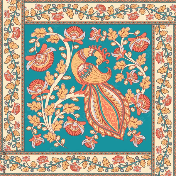 Fototapeta Square composition with a bird and a flower branch. Indian style. Kalamkari.