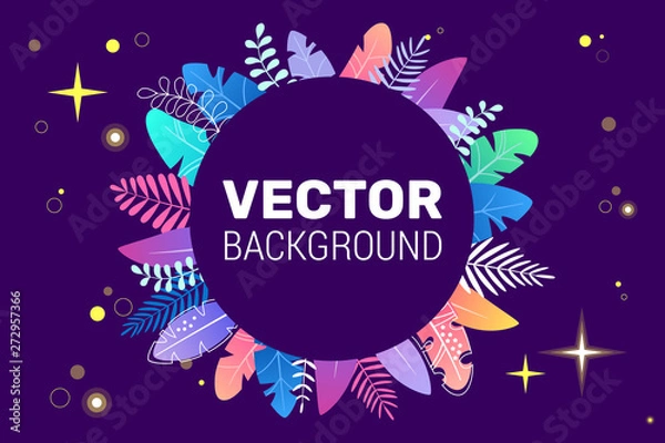 Obraz Cosmos illustration in trendy flat style on blue background and bright gradient colors. Background for text in the form of dark circle. Space plants, leaves in colorful tones. For banner, card, poster