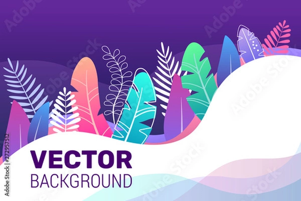 Obraz Illustration in trendy flat style on dark blue background and bright gradient colors - background with space for text. Space plants, leaves in blue tones. For banner, greeting card, poster