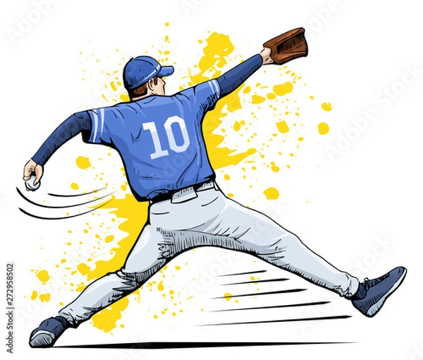 Fototapeta Vector illustration of a baseball player throwing the ball. Beautiful sport themed poster. Abstract background, summer sports, team game, baseball pitcher