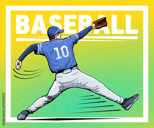 Obraz Vector illustration of a baseball player throwing the ball. Beautiful sport themed poster. Abstract background, summer sports, team game, baseball pitcher