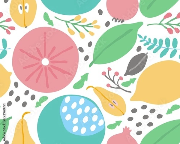 Fototapeta Colorful summer seamless pattern with fruits , berry, leaves. Vector illustration