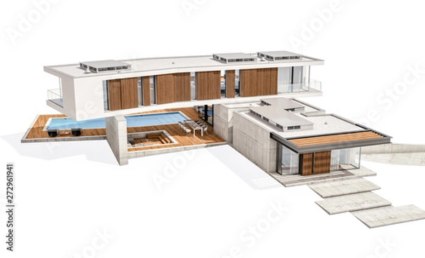 Fototapeta 3d rendering of modern house on the hill with pool isolated on white
