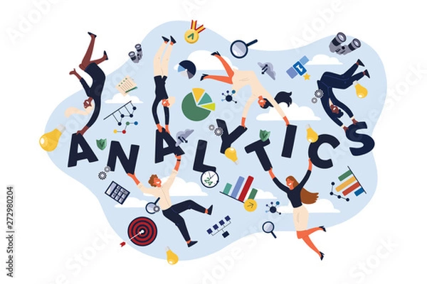 Fototapeta Analytics experts, economists, analysts making KPI presentations, representing information in charts, diagrams banner