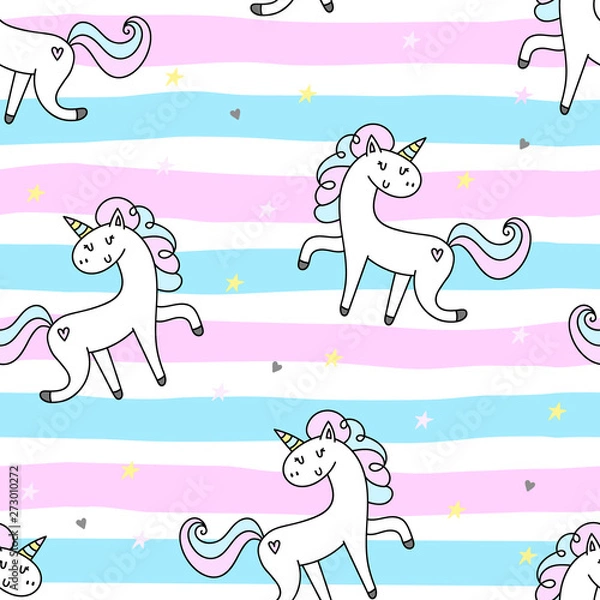 Fototapeta Hand drawn seamless vector pattern with cute unicorns, stars and planet. Repetitive wallpaper on white background.