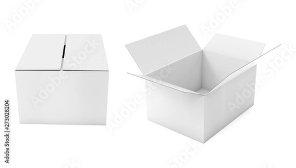 Obraz Closed and open white corrugated carton box. Big shipping packaging. 3d rendering illustration isolated