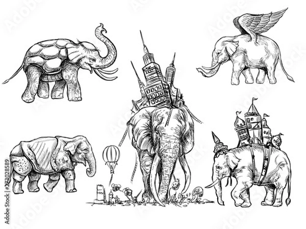 Obraz Set of Fantasy elephant line  hand drawn digital painting