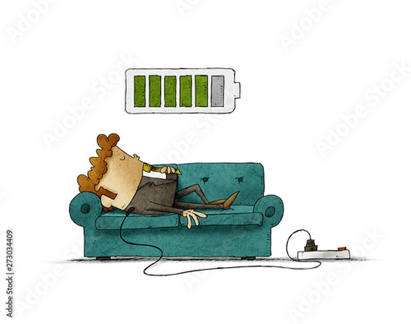 Obraz Illustration of a businessman on the sofa is connected to the power grid while recharging energy. Recharge concept. isolated