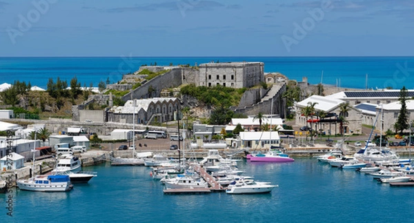Fototapeta Overlook of marina and Royal Naval Dockyard buildings at King's Wharf on Ireland Island, Bermuda