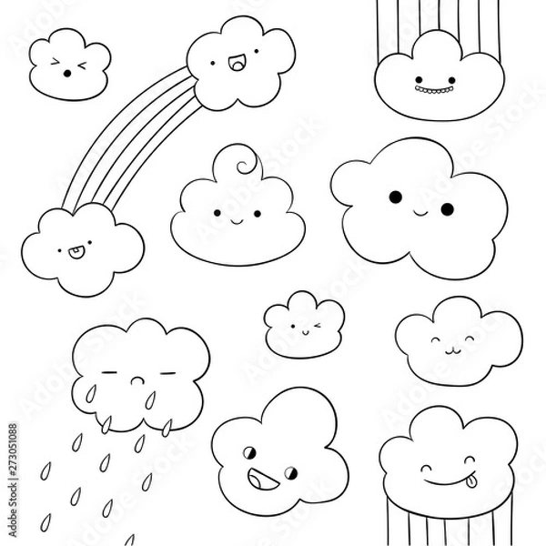 Fototapeta Set of cute kawaii clouds in doodle style. Outline cloud with funny faces and rainbow. Easy to change color.