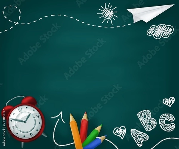 Fototapeta Realistic school supplies on a green chalkboard with children's drawings. Back to school concept background. Clock, colored pencils, paper airplane, abc letters and children drawings.