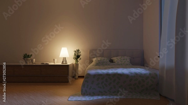 Fototapeta Night scene of a hotel room with a bed and lamp on a table. Bedroom interior. 3D rendering.